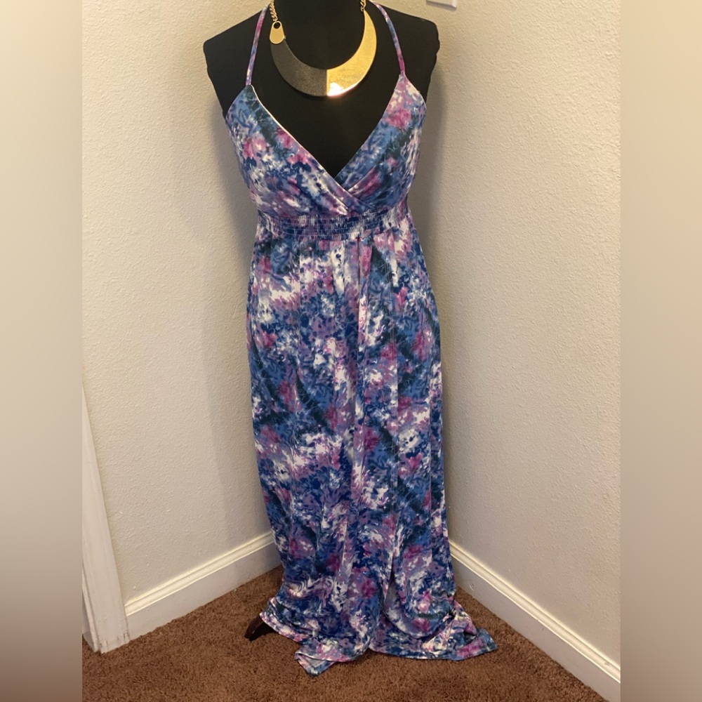Cynthia Rowley Purple Blue Tie Dye Maxi Dress V Neck Smocked Slit XS